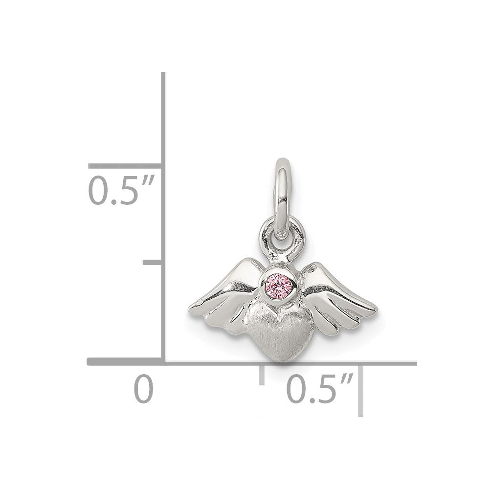 Sterling Silver Rhod-pltd Polished/Satin Heart w/Wings Pink CZ Pendant QC8424