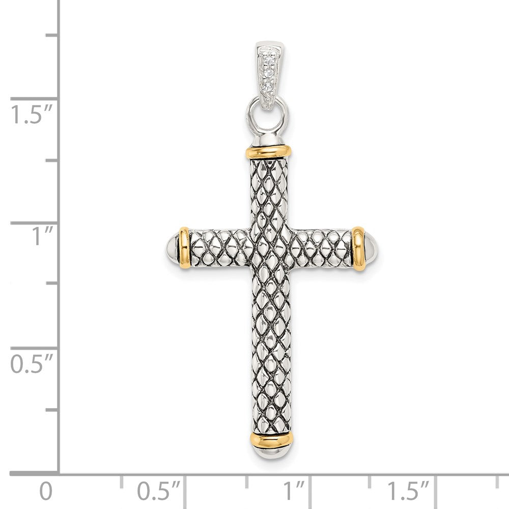 Sterling Silver w/14k White Topaz On Bail Antiqued Cross Pendant QC9038