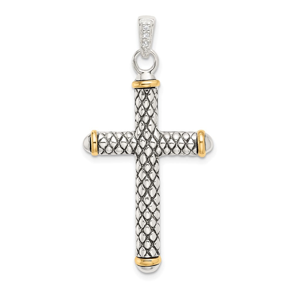 Sterling Silver w/14k White Topaz On Bail Antiqued Cross Pendant QC9038