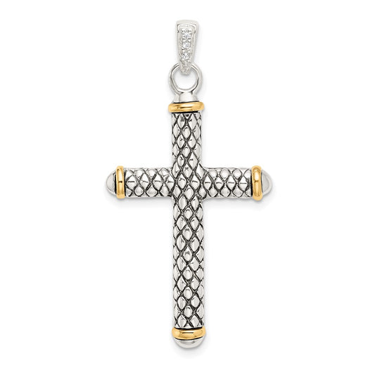 Sterling Silver w/14k White Topaz On Bail Antiqued Cross Pendant QC9038