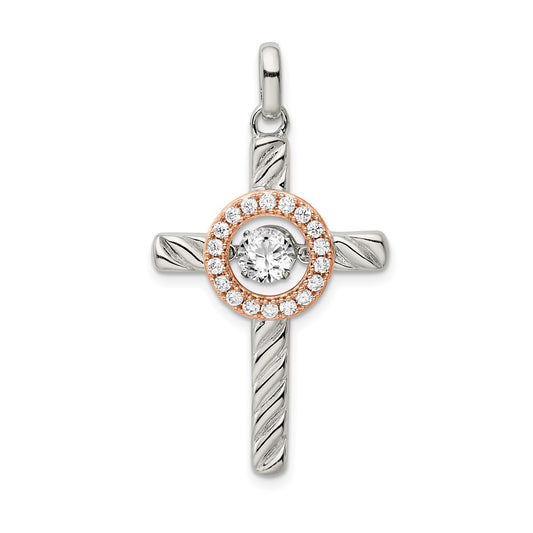 Sterling Silver Plat-plate Rose & Gold-tone Vibrant CZ Cross Pendant QC9083