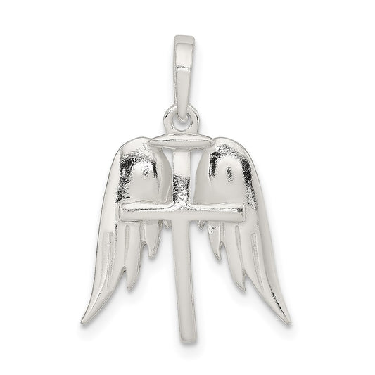 Sterling Silver Polished Wings And Cross Pendant QC9138
