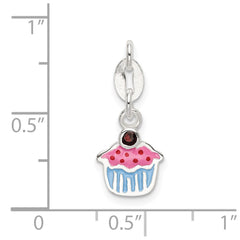 Sterling Silver Polished and Enameled Cupcake w/Garnet Charm QC9288