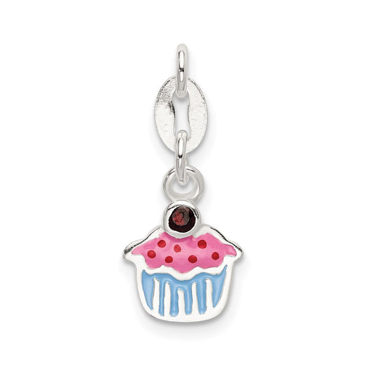 Sterling Silver Polished and Enameled Cupcake w/Garnet Charm QC9288