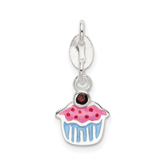 Sterling Silver Polished and Enameled Cupcake w/Garnet Charm QC9288