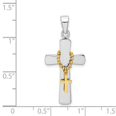 Sterling Silver Rhodium-plated Polished Gold Tone Double Cross Pendant QC9368
