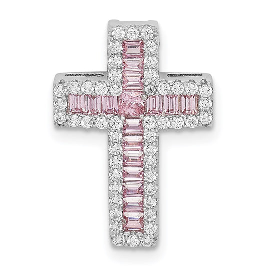 Sterling Silver Rhodium-plated Pink & White CZ Cross Chain Slide QC9385