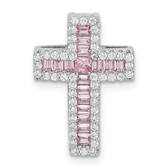 Sterling Silver Rhodium-plated Pink & White CZ Cross Chain Slide QC9385