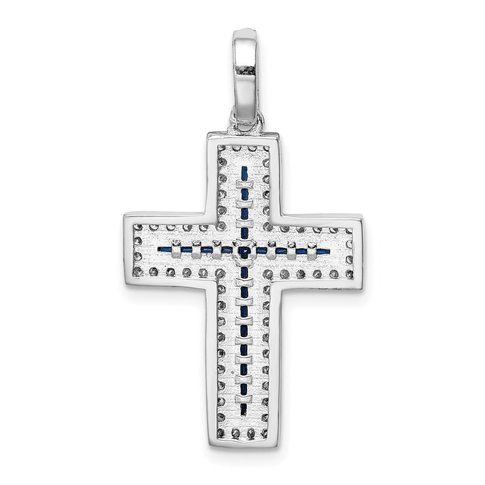 Sterling Silver Rhodium-plated CZ & Lab Cr. Blue Spinel Cross Pendant QC9386
