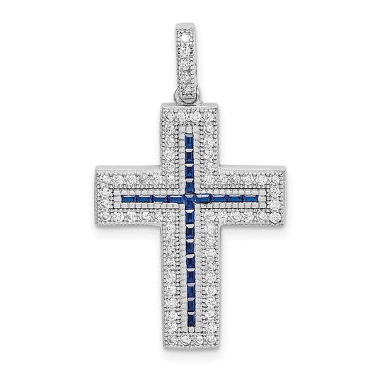Sterling Silver Rhodium-plated CZ & Lab Cr. Blue Spinel Cross Pendant QC9386