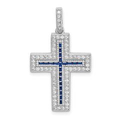 Sterling Silver Rhodium-plated CZ & Lab Cr. Blue Spinel Cross Pendant QC9386