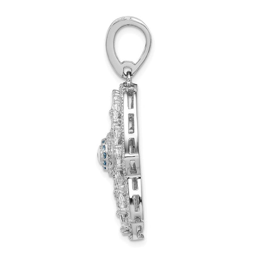 Sterling Silver Rhodium-plated White & Blue CZ Hamsa Eye Pendant QC9448