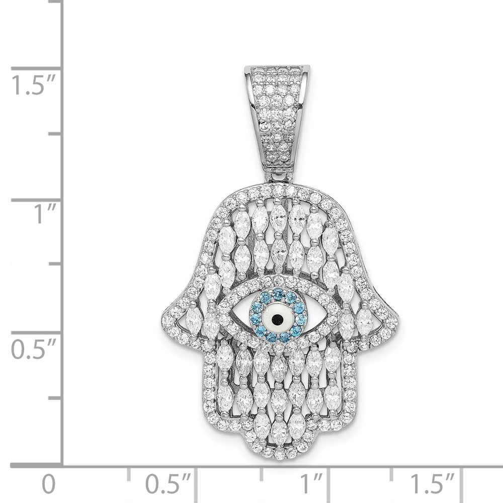Sterling Silver Rhodium-plated White & Blue CZ Hamsa Eye Pendant QC9448