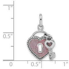 Sterling Silver Rhodium-plated CZ Glitter Infused Heart and Key Pendant QC9485