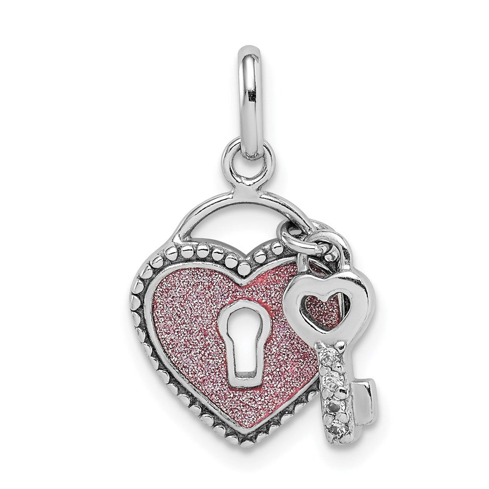 Sterling Silver Rhodium-plated CZ Glitter Infused Heart and Key Pendant QC9485