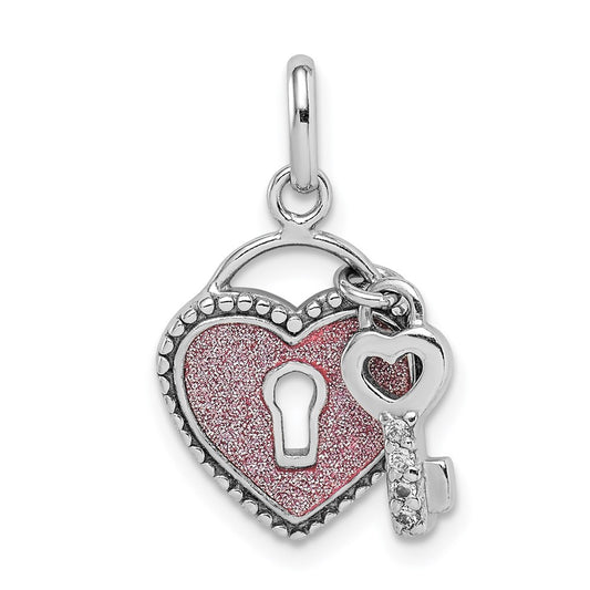 Sterling Silver Rhodium-plated CZ Glitter Infused Heart and Key Pendant QC9485