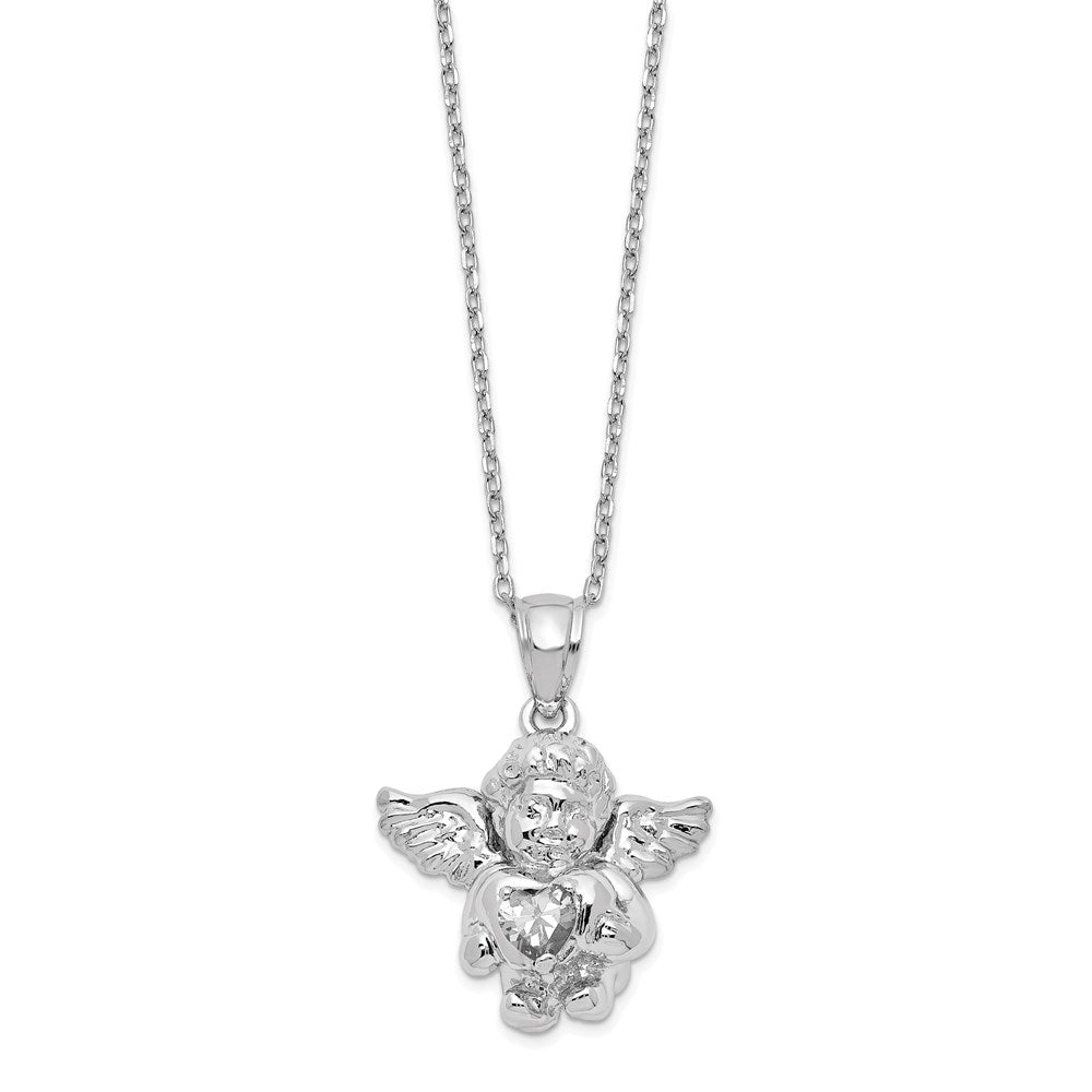 Sterling Silver RH-pltd CZ April Birthstone Angel Ash Holder 18in Necklace QC9753APR-18