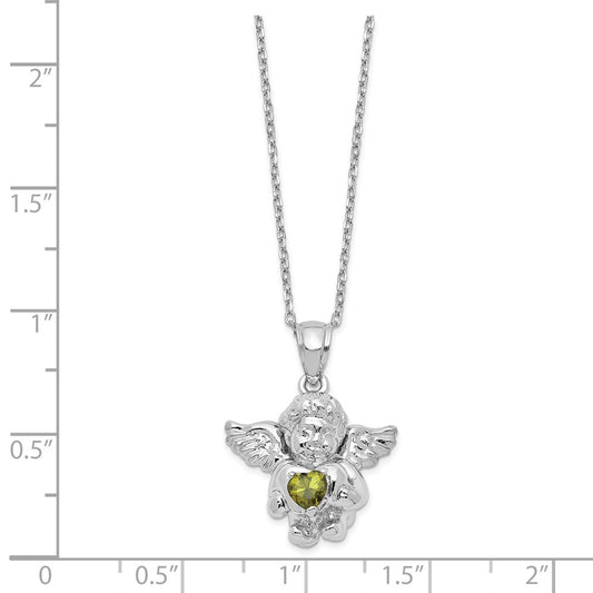 Sterling Silver RH-pltd CZ Aug Birthstone Angel Ash Holder 18in Necklace QC9753AUG-18