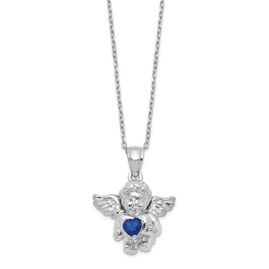 Sterling Silver RH-pltd CZ Sept Birthstone Angel Ash Holder 18in Necklace QC9753SEP-18