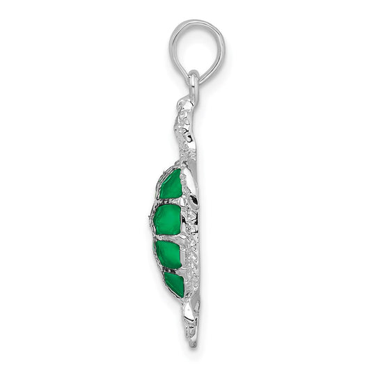 De-Ani Sterling Silver Rhodium-Plated Polished Enameled Green Sea Turtle Pendant QC9780