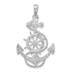 De-Ani Sterling Silver Rhodium-Plated Polished Anchor with Ships Wheel Pendant QC9874