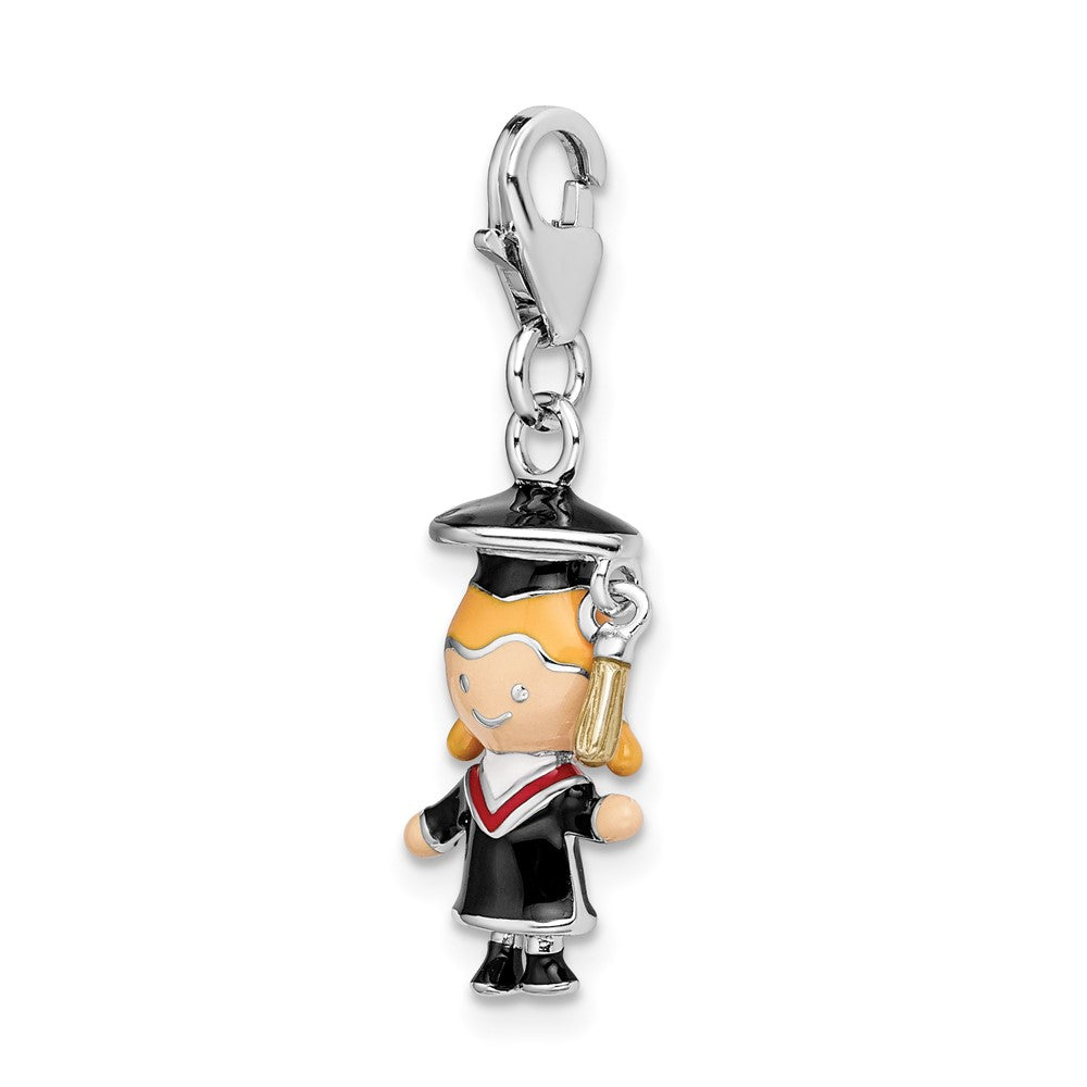 Amore La Vita Sterling Silver Rhodium-plated Polished 3-D Enameled Girl Graduate Charm with Fancy Lobster Clasp QCC1015