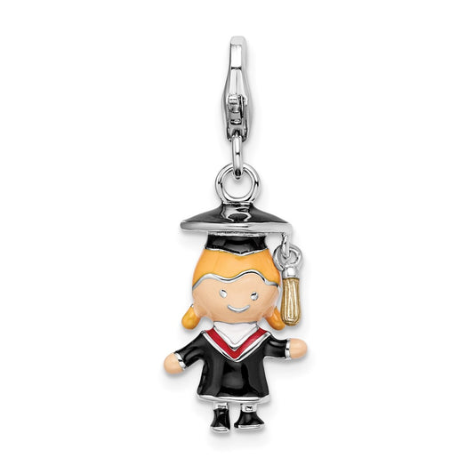 Amore La Vita Sterling Silver Rhodium-plated Polished 3-D Enameled Girl Graduate Charm with Fancy Lobster Clasp QCC1015