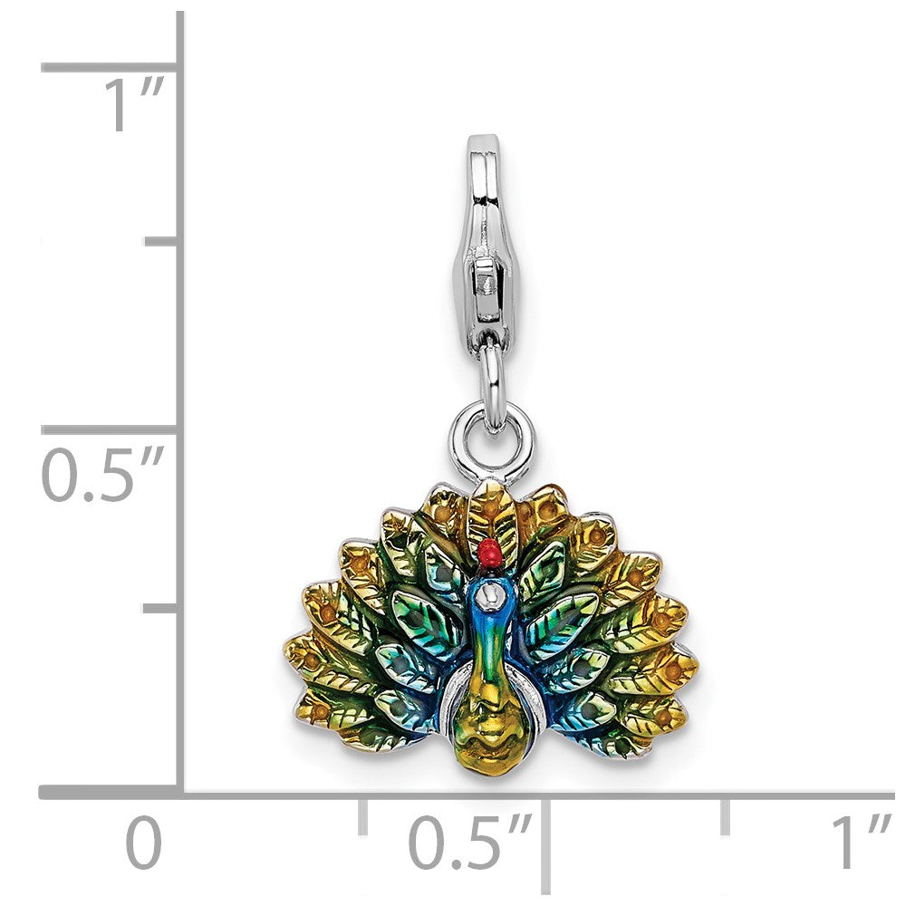 Amore La Vita Sterling Silver Rhodium-plated Polished 3-D Enameled Peacock Charm with Fancy Lobster Clasp QCC1016
