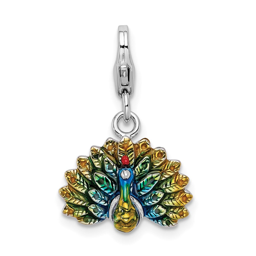 Amore La Vita Sterling Silver Rhodium-plated Polished 3-D Enameled Peacock Charm with Fancy Lobster Clasp QCC1016