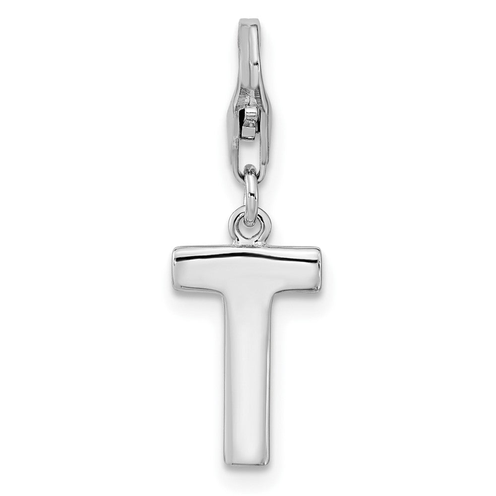 Amore La Vita Sterling Silver Rhodium-plated Polished CZ Letter T Initial Charm with Fancy Lobster Clasp QCC105T