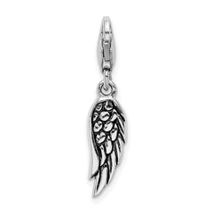 Amore La Vita Sterling Silver Rhodium-plated Polished 3-D Oxidized Wing Charm with Fancy Lobster Clasp QCC1218
