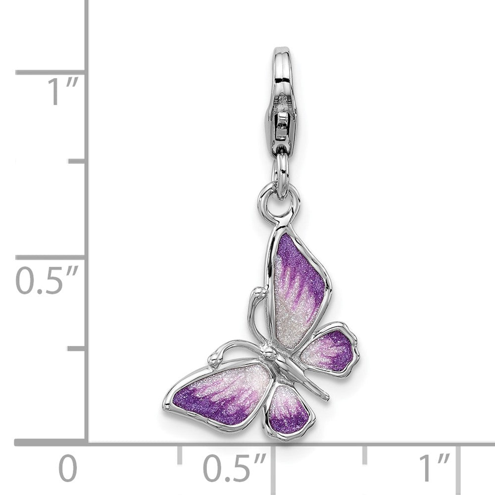 Amore La Vita Sterling Silver Rhodium-plated 3-D Purple Enameled Butterfly Charm with Fancy Lobster Clasp QCC1289