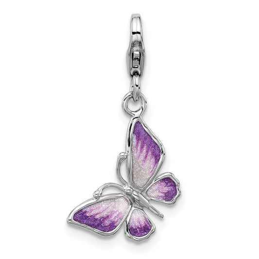 Amore La Vita Sterling Silver Rhodium-plated 3-D Purple Enameled Butterfly Charm with Fancy Lobster Clasp QCC1289