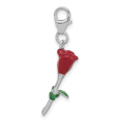 Amore La Vita Sterling Silver Rhodium-plated 3-D Red and Green Enameled Rose Charm with Fancy Lobster Clasp QCC1291