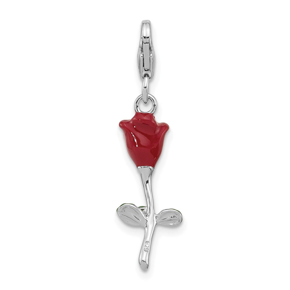 Amore La Vita Sterling Silver Rhodium-plated 3-D Red and Green Enameled Rose Charm with Fancy Lobster Clasp QCC1291