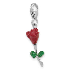 Amore La Vita Sterling Silver Rhodium-plated 3-D Red and Green Enameled Rose Charm with Fancy Lobster Clasp QCC1291