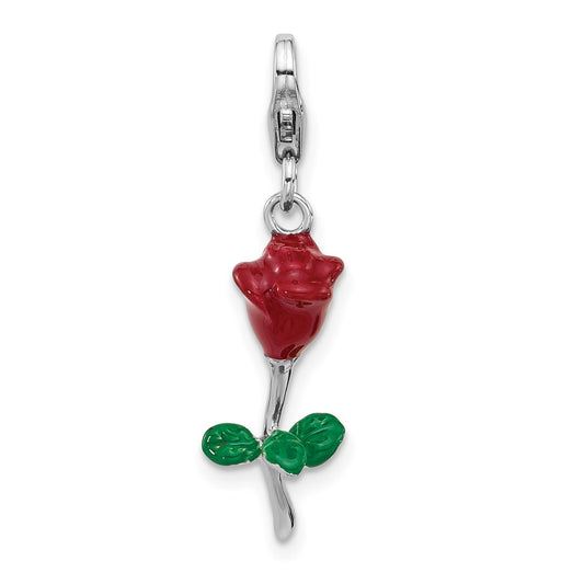 Amore La Vita Sterling Silver Rhodium-plated 3-D Red and Green Enameled Rose Charm with Fancy Lobster Clasp QCC1291