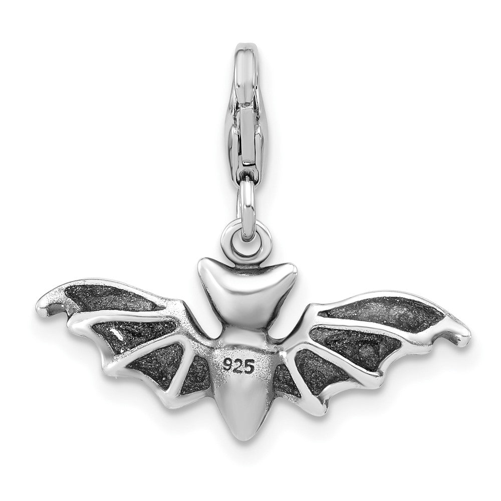Amore La Vita Sterling Silver Rhodium-plated 3-D Antiqued Bat with Wings Spread Out Charm with Fancy Lobster Clasp QCC1294