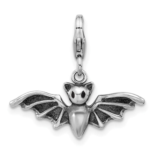 Amore La Vita Sterling Silver Rhodium-plated 3-D Antiqued Bat with Wings Spread Out Charm with Fancy Lobster Clasp QCC1294