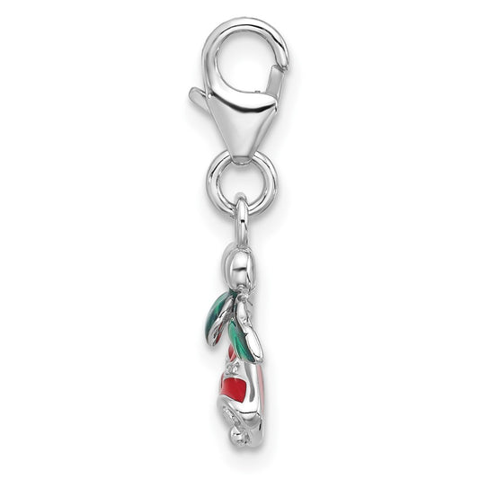 Amore La Vita Sterling Silver Rhodium-plated Red Enameled Christmas Bells with Green Enameled Leaves on Top Charm with Fancy Lobster Clasp QCC1297