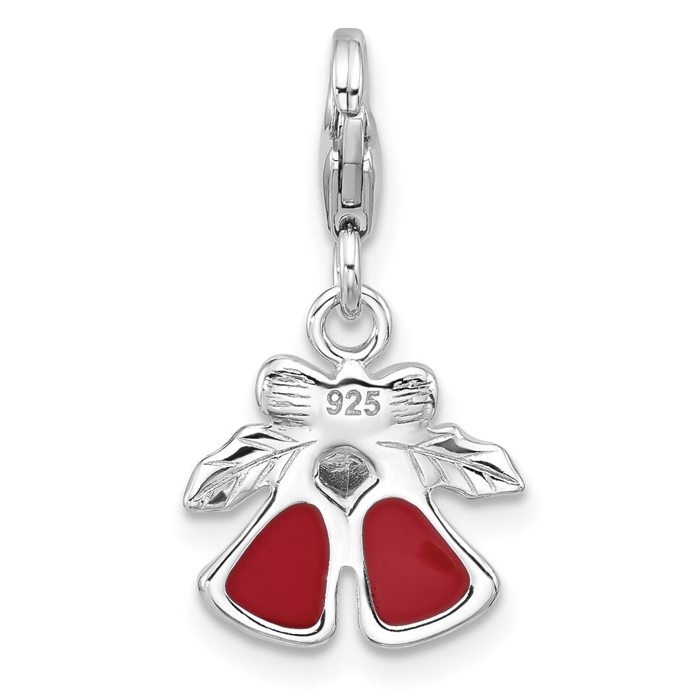 Amore La Vita Sterling Silver Rhodium-plated Red Enameled Christmas Bells with Green Enameled Leaves on Top Charm with Fancy Lobster Clasp QCC1297