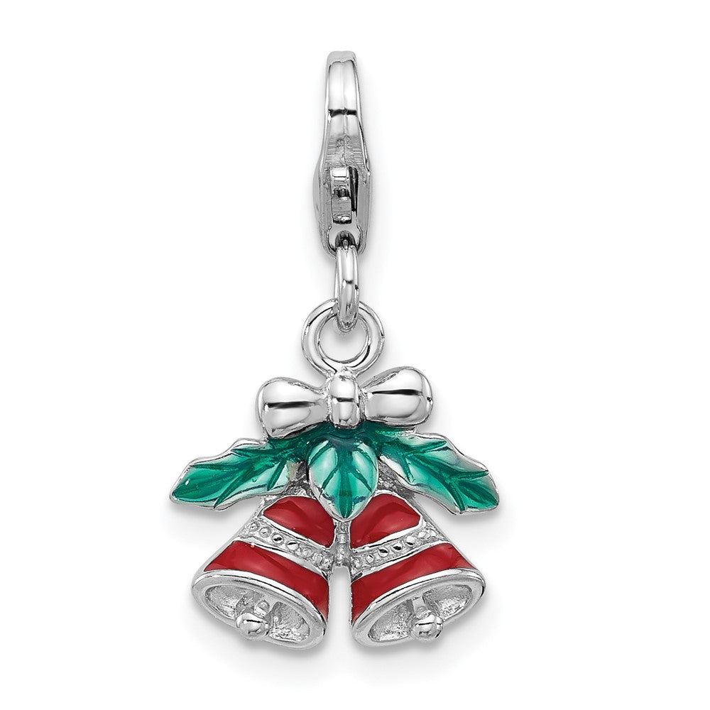 Amore La Vita Sterling Silver Rhodium-plated Red Enameled Christmas Bells with Green Enameled Leaves on Top Charm with Fancy Lobster Clasp QCC1297