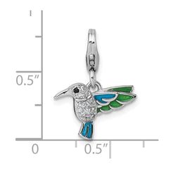 Sterling Silver Amore La Vita Rhodium-plated Blue and Green Enamel with CZ and Black Spinel Hummingbird Charm with Lobster Clasp QCC1308