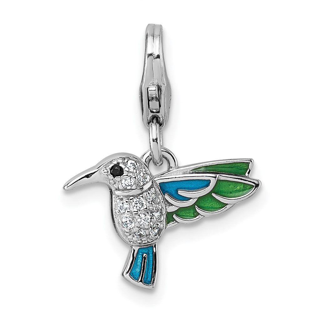 Sterling Silver Amore La Vita Rhodium-plated Blue and Green Enamel with CZ and Black Spinel Hummingbird Charm with Lobster Clasp QCC1308