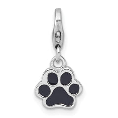 Sterling Silver Amore La Vita Rhodium-plated Polished with Black Enamel Paw Print with Lobster Clasp Charm QCC1309