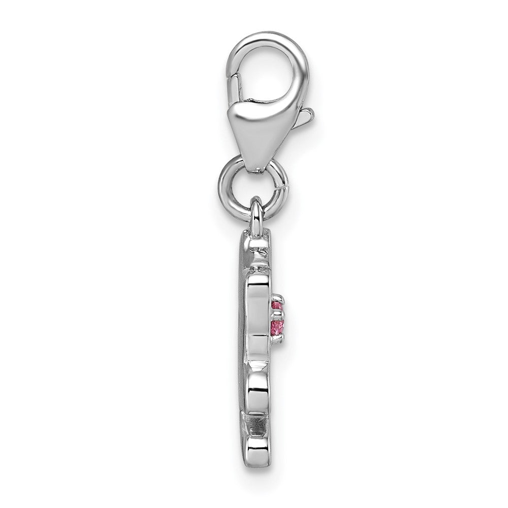 Sterling Silver Amore La Vita Rhodium-plated White Enameled Cat with Pink CZ Charm with Lobster Clasp QCC1310