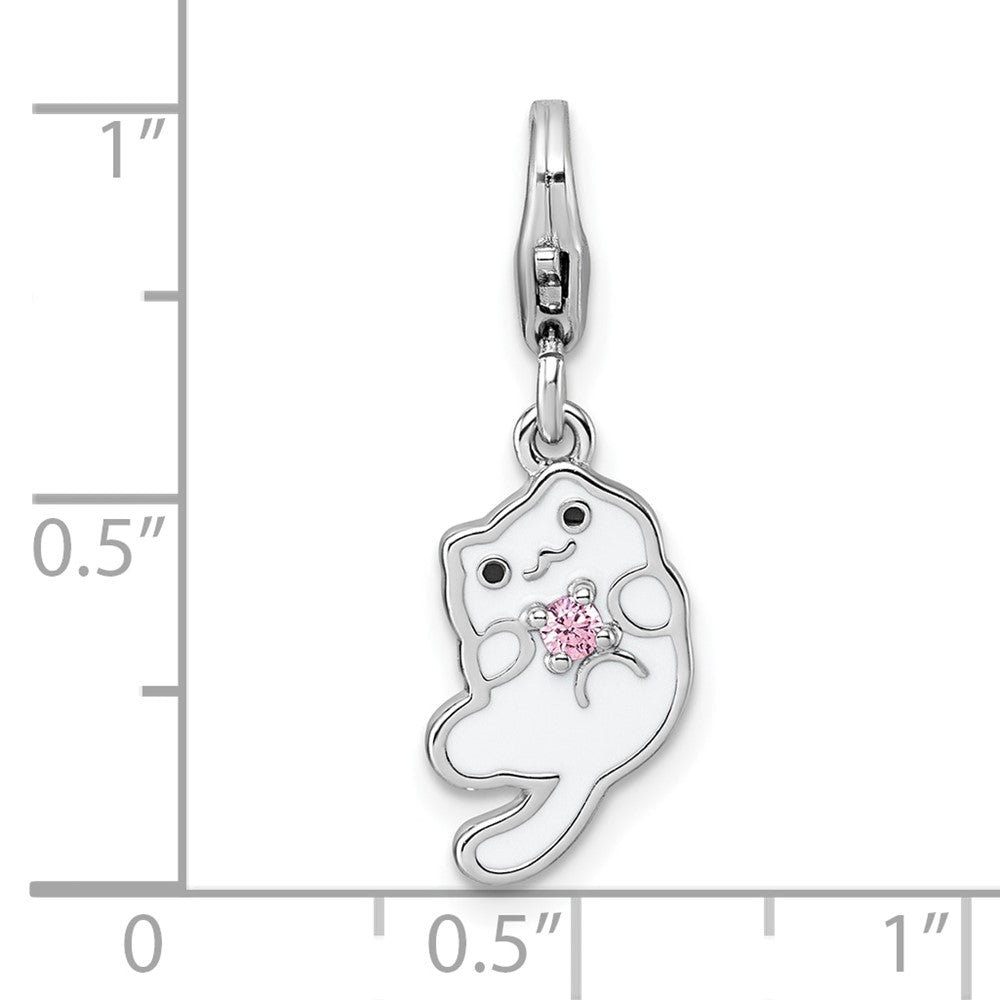 Sterling Silver Amore La Vita Rhodium-plated White Enameled Cat with Pink CZ Charm with Lobster Clasp QCC1310