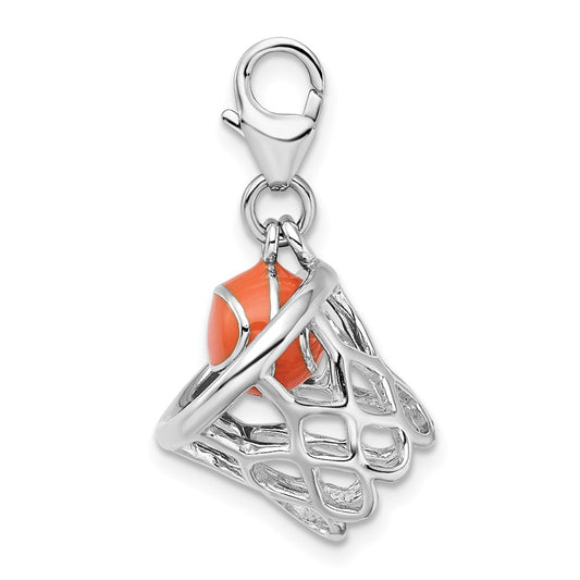 Amore La Vita Sterling Silver Rhodium-plated Polished 3-D Moveable Enameled Basketball in Net Charm with Fancy Lobster Clasp QCC303
