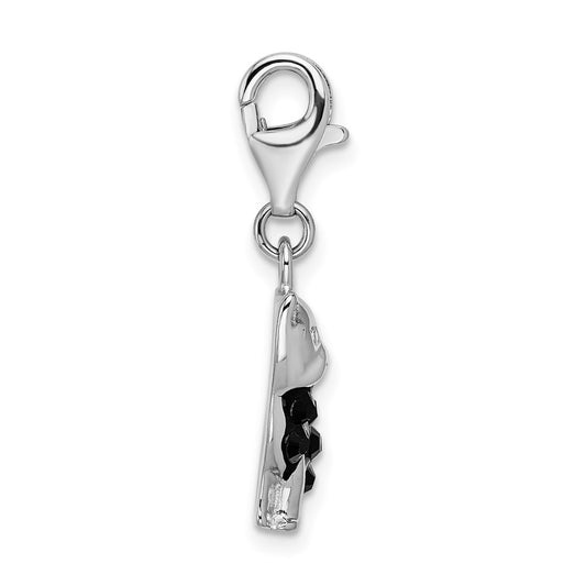 Amore La Vita Sterling Silver Rhodium-plated Polished Enameled Swarovski Crystal Black Cat Charm with Fancy Lobster Clasp QCC388