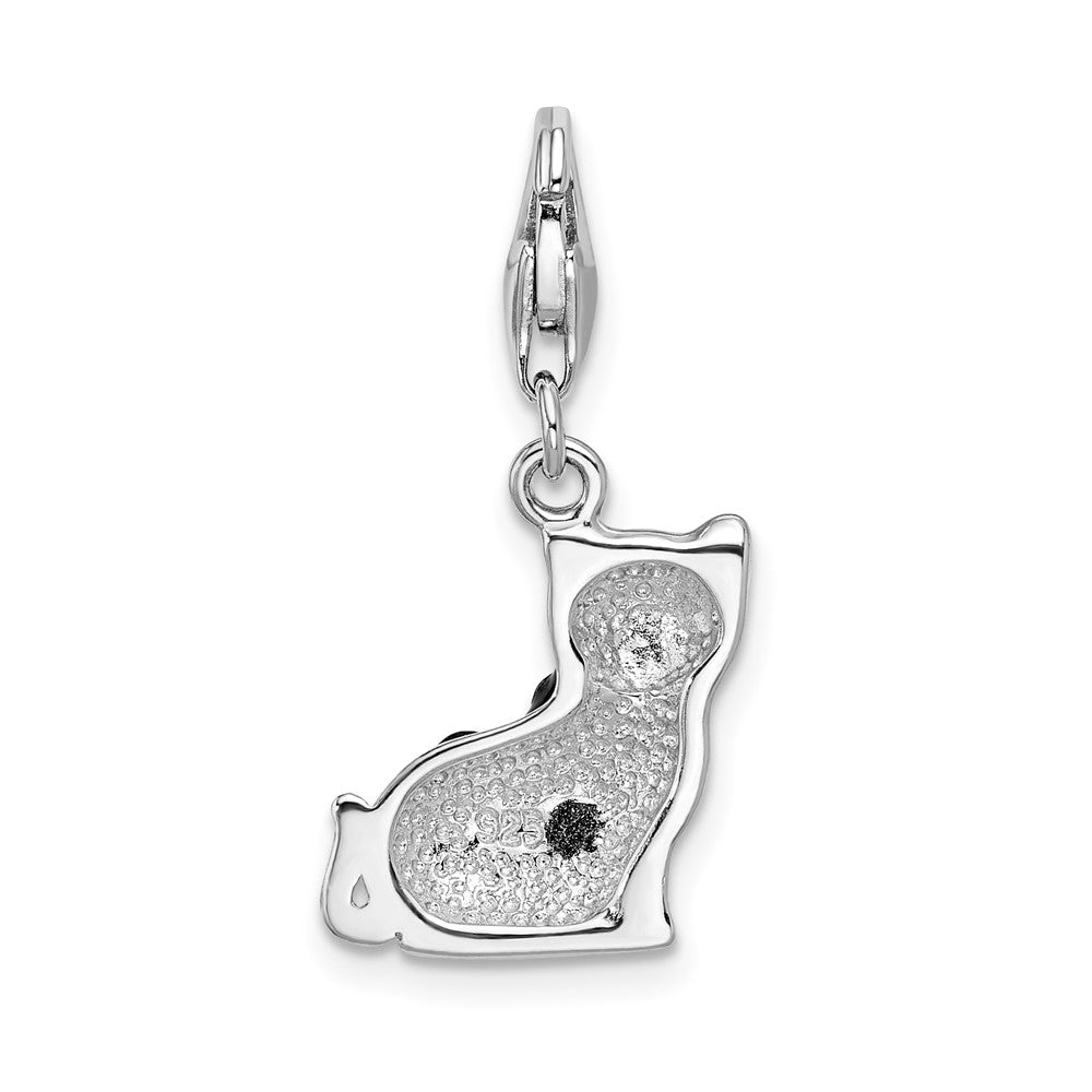 Amore La Vita Sterling Silver Rhodium-plated Polished Enameled Swarovski Crystal Black Cat Charm with Fancy Lobster Clasp QCC388